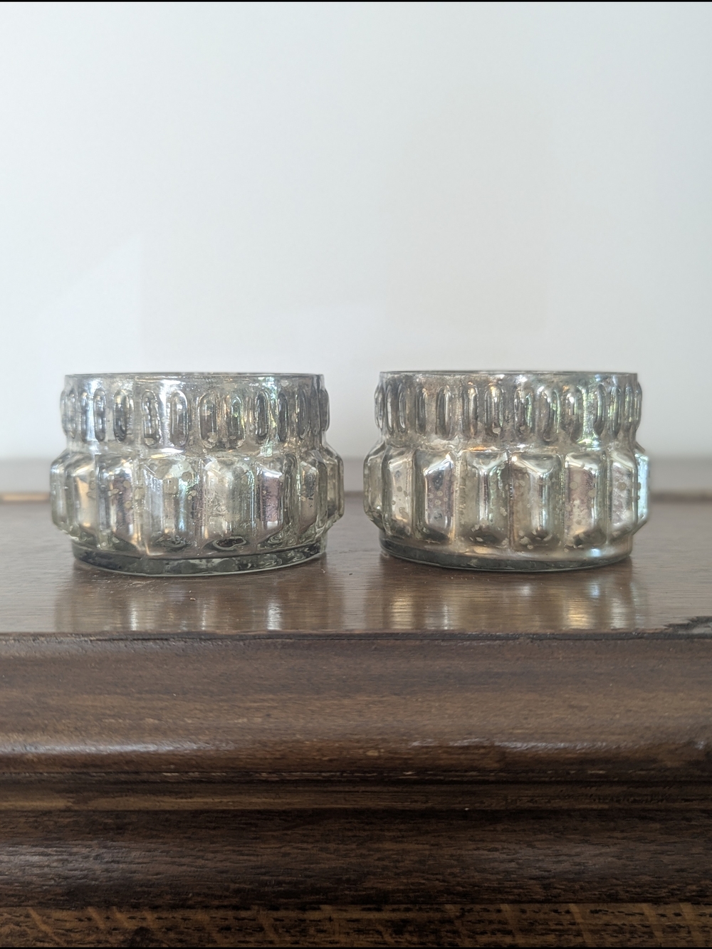 Set of 2 Silver Mercury Glass Votive Holders - Ribbed Column Pedestal